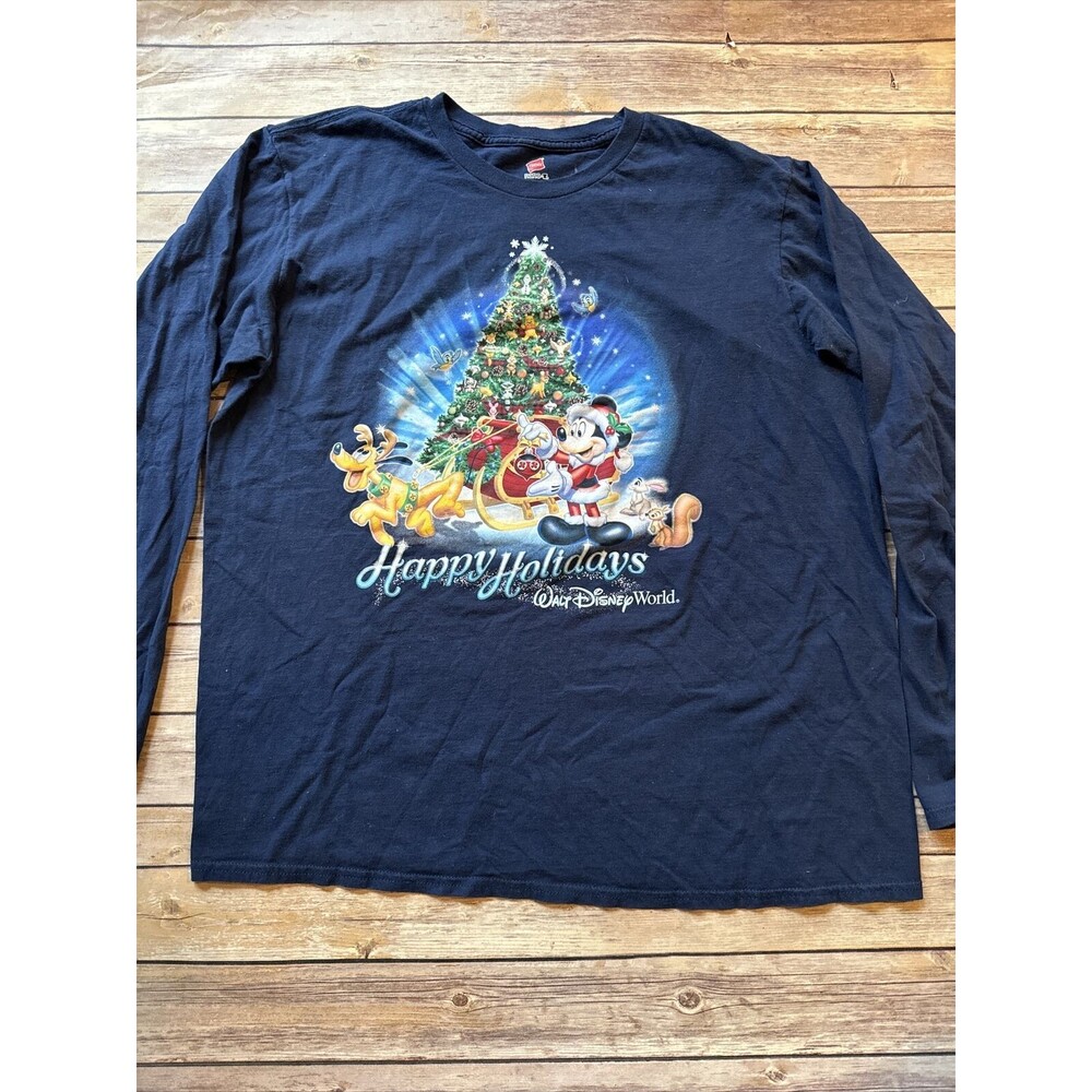 Disney World MICKEY MOUSE Santa Pluto HAPPY HOLIDAYS Blue T-SHIRT XL Long Sleeve